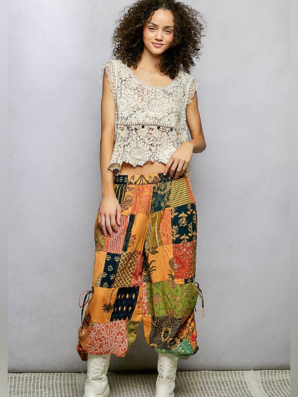 🧡 Hello Gorgeous!POL Printed Patchwork Wide Leg Pants Adjustable Side Drawstring - Picture 4 of 9